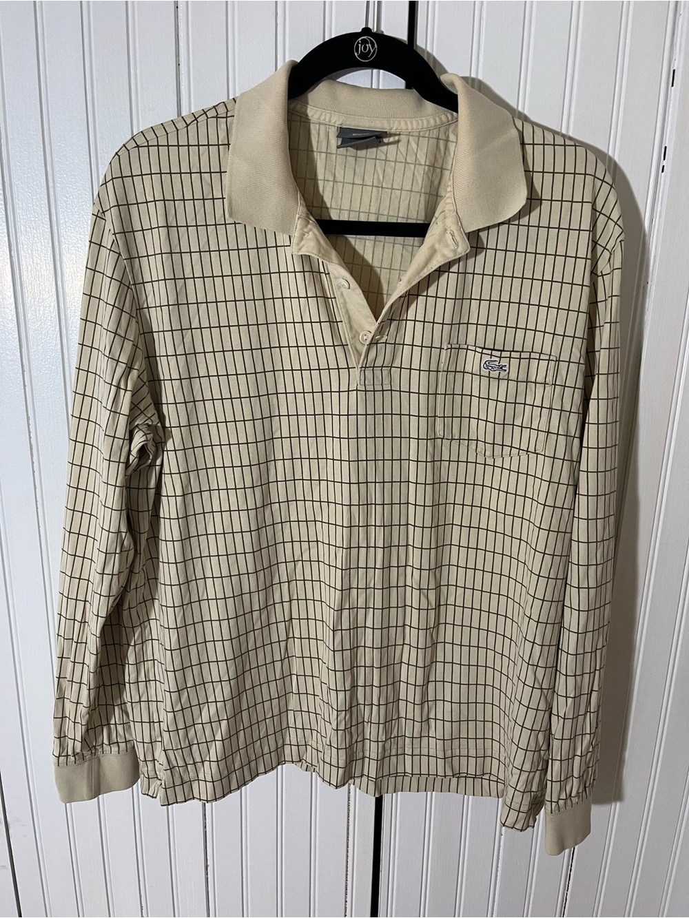 Lacoste Cream Beige Grid Long Sleeve Polo